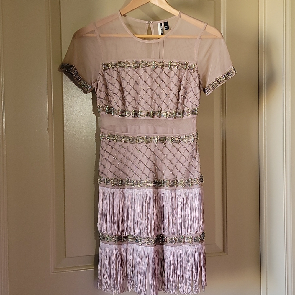 Topshop Sequin Mesh Panel Mini Flapper Dress Mauve